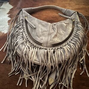 Oryany Gray Leather Fringe Bag